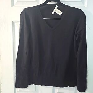 Les Copains Black Pullover Wool Sweater With Fur Sleeves Size Medium